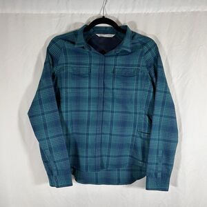 Woolrich Blouse Women's Small Blue Green Plaid Snap Up Long Sleeve Breathable